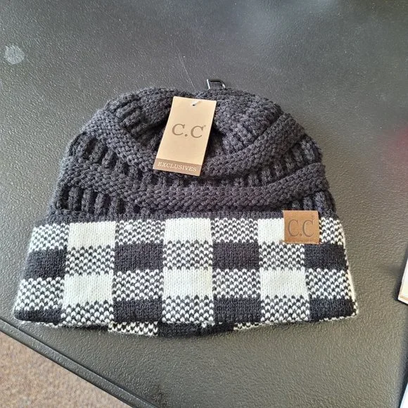 C.C Black and White Checkered Pattern Crochet Knit Beanie - Picture 6 of 6